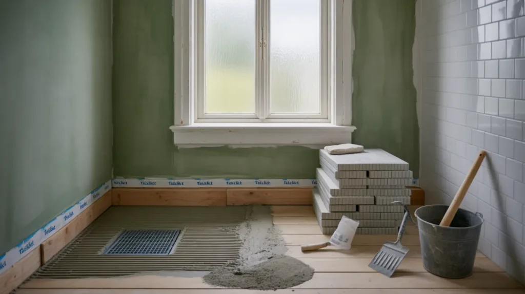badrumsrenovering med t tskikt klinker och golvv rme i djursholm stocksund