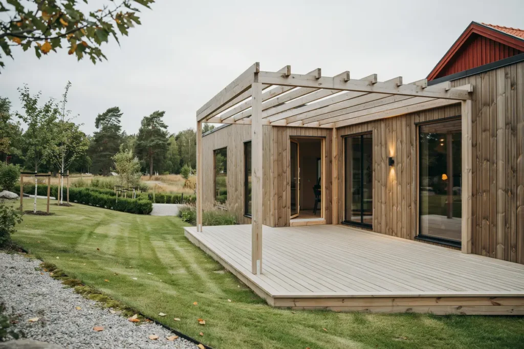 byggnation av altan med pergola vid villa i stocksund